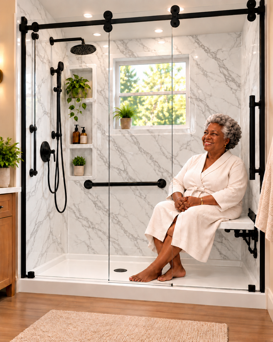 Dark-skinned older Black woman in a white robe seated in a shower with white and gray marble walls, a white acrylic pan, clear glass door, matte-black barn-style rollers, and a white seat